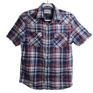 Flag and Anthem Western Plaid  Cotton Short Sleeve Snap Button-Up Shirt Small